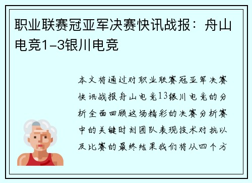 职业联赛冠亚军决赛快讯战报：舟山电竞1-3银川电竞